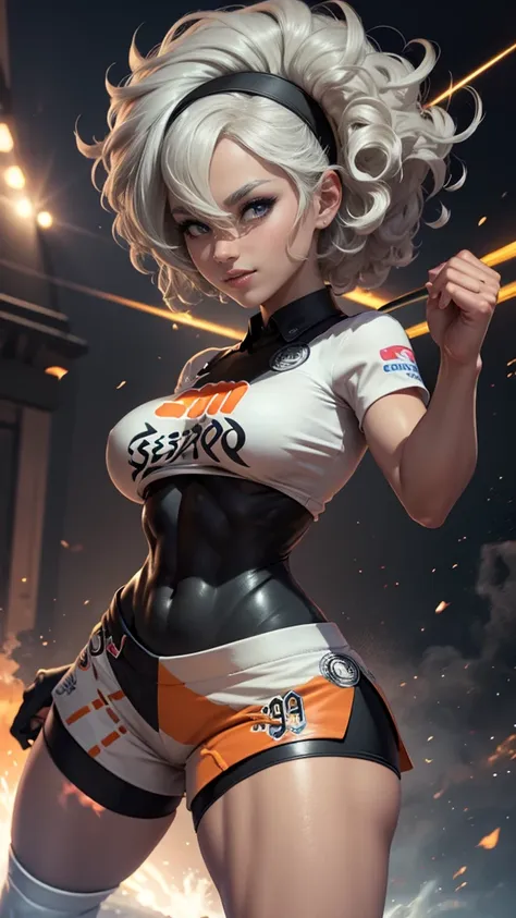 Bea da pokemon,(best qualityer,4K,8k,high resolution,work of art:1.2)(weather: windy), sport stadium background, short curly hair, gray hair, cropped shirt, micro shorts, thigh high stockings, headband, gloves, leotard, ultra detailed,realistic,beautiful d...