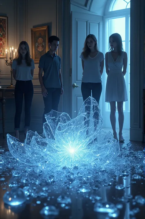 **Shattered Chandelier**: The chandelier that has just fallen to the floor, with shards scattered around and the friends reacting in shock.