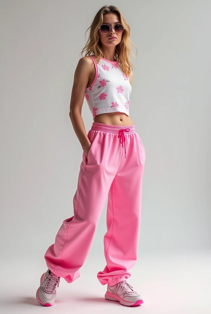  women&#39;s uniform for olympic skateboarding mainly pink and white cherry blossom details make loose and youthful sweatpants and tight top without a sweater