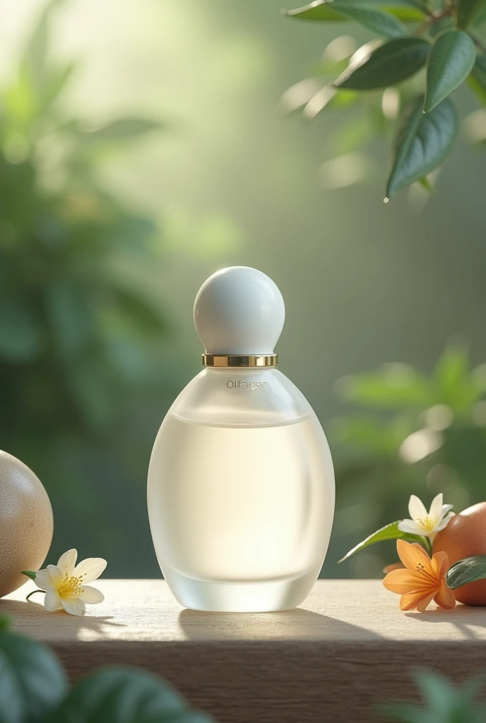 Publicité pour un parfum chogan, flacon blanc olfazeta, en periode de rentrée des classe, en  septembre, decor naturel. Avec la mention, je vais passer une commande, n’hesitez pas.