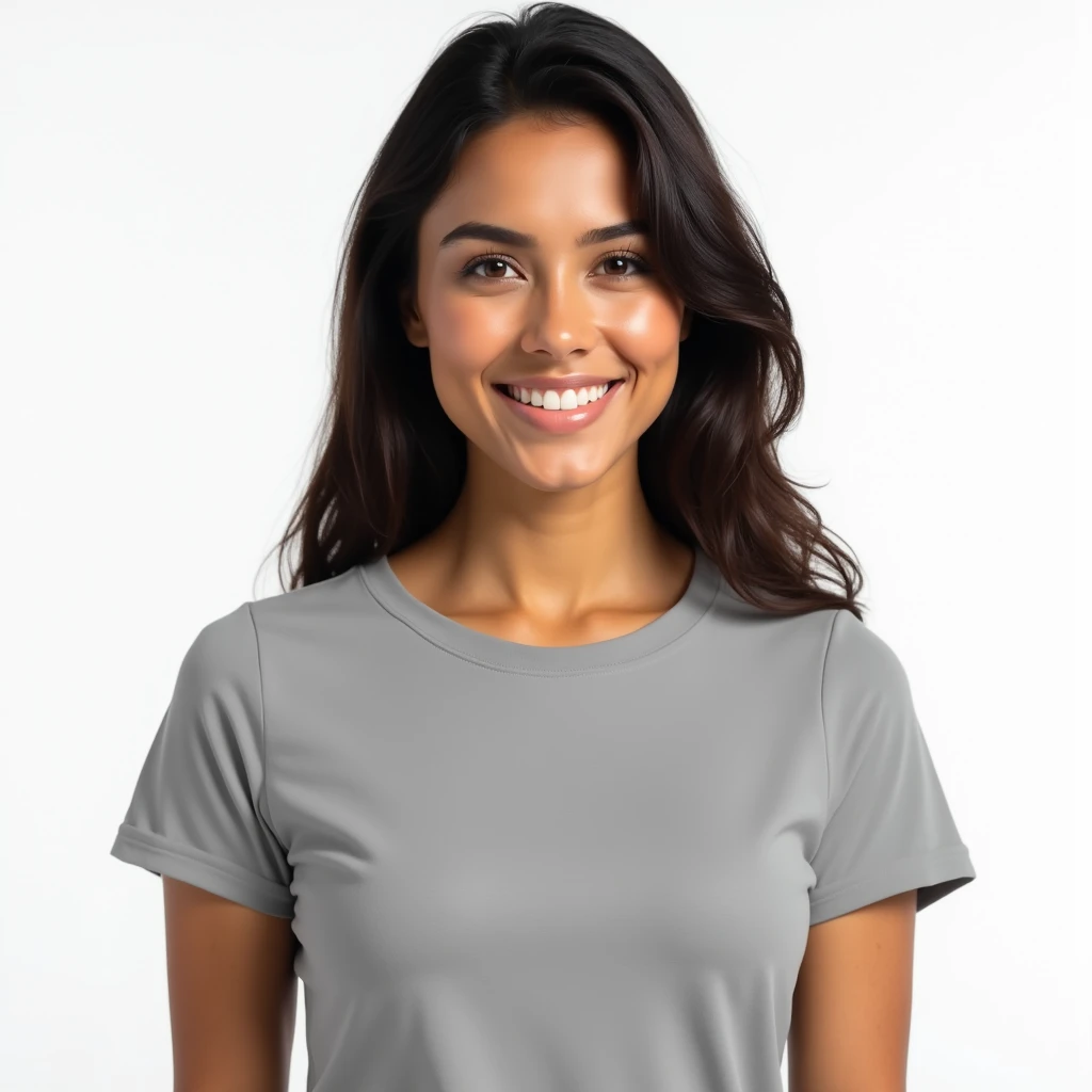 a woman latina   wearing gray round neck cotton tshirt #808080, unbranded and unprinted, photo for mockup, studio lights, white background, sharp focus, 4k, detailed, high resolution, 