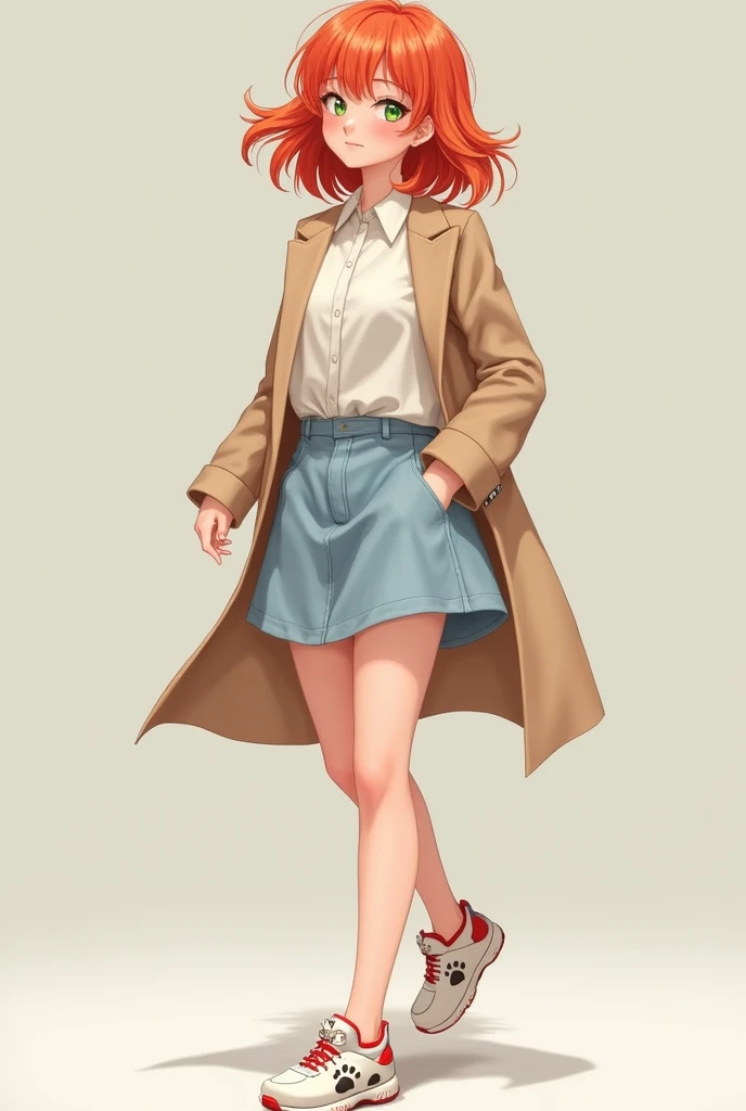 A girl with light red hair and light green eyes wearing a beige coat, a white blouse and a light blue mini skirt with cat sneakers 
