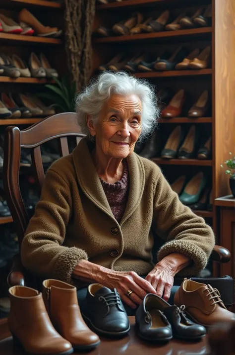 An old woman with a shoe rack full of shoes next to her