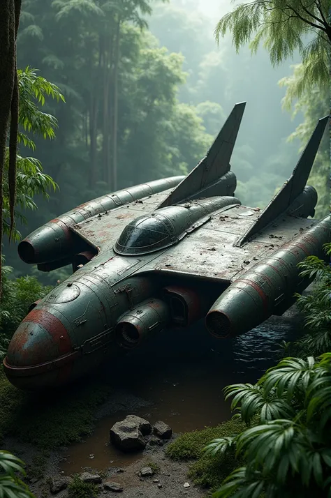 Create a realistic picture, a plane is worn in a jungle and looks like an old, batman plane, the plane is completely made of। iconic elements, and