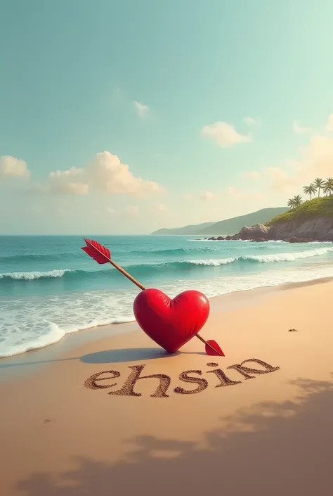 A heart with an arrow on the beach with the initials Ehssan