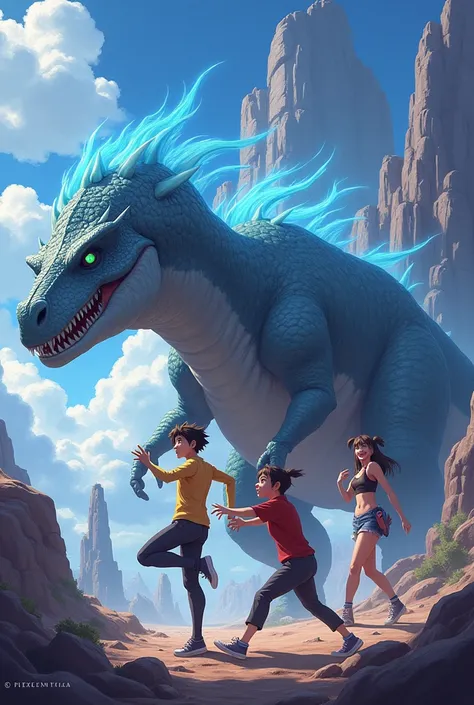 Three anime characters in one image with dynamic poses and a dinosaur 