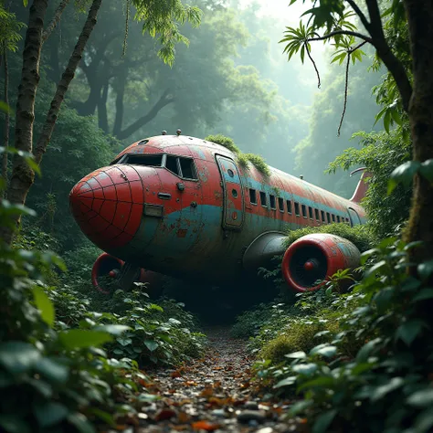 Create a realistic picture, a plane is worn in a jungle and looks like an old, spiderman plane, the plane is completely made of। iconic elements, and