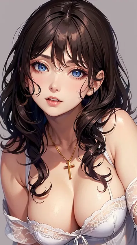 a one woman, dark  brown hair, dark blue eyes, curly hair, breasts big, fangs, make-up, simple white lingerie, simple golden cross necklace, hair tie, anime styling