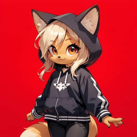 1girl, fox girl, cute fox, anthro, black hood, black pants, red background