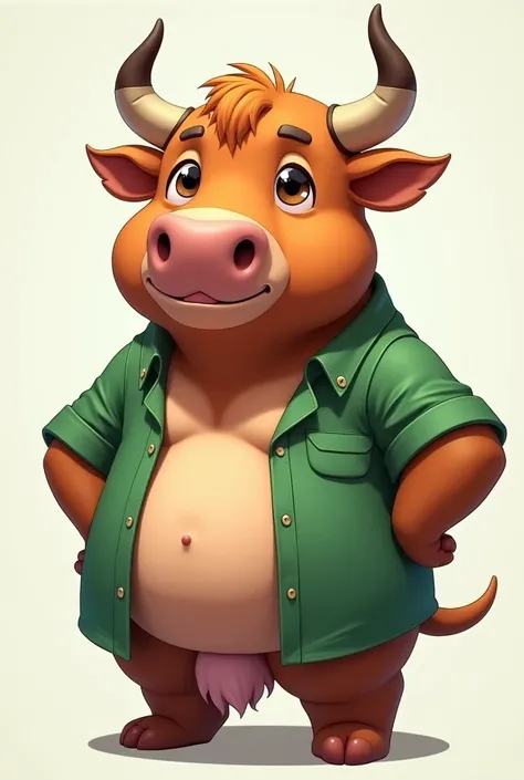 An anthropomorphic anime style ox with a green shirt with his penis showing