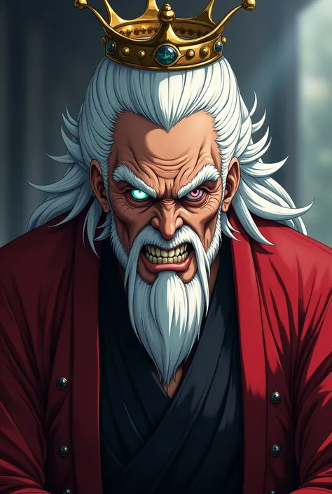 man. High accuracy, White hair, dark face, angry look, Evil smile, multi colored eyes, The background is blurred, the crown, Back reflection, Anime, Red and black samurai clothes