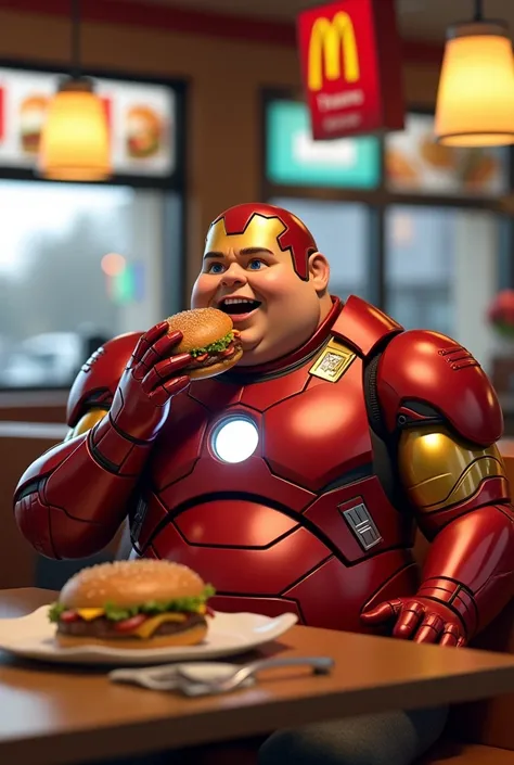 Chubby ironman eat burger in mcdonald