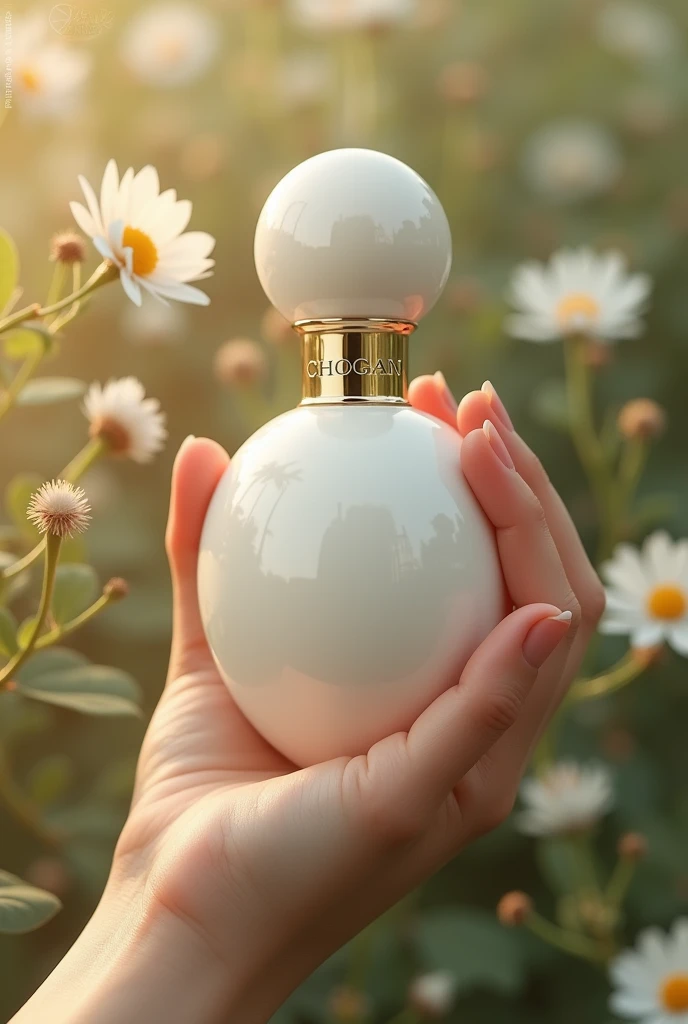 Publicité pour un parfum chogan, flacon blanc arrondi dans une main, en periode de rentrée des classe, decor naturel