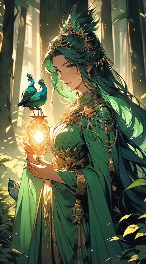 According to the characteristics and qualities you mentioned., Here is a description of a female character., a witch with green colors and who has the peacock animal as part of her representation: Silvana, la bruja pavo real,  una bruja con un aura misteri...