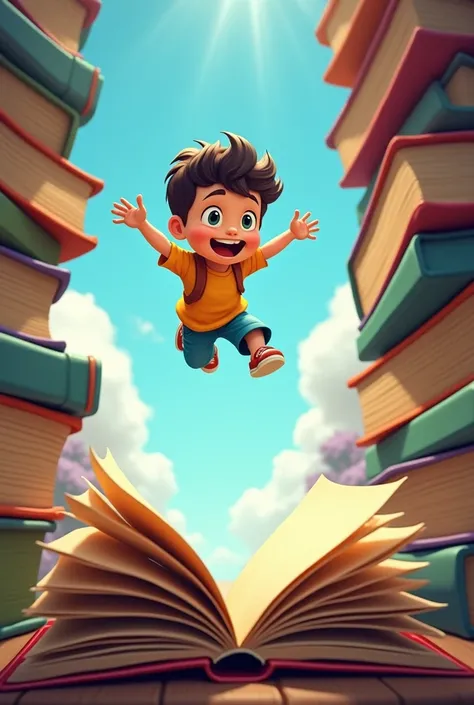 Animated boy dives from the top of a pile of books towards an open book
