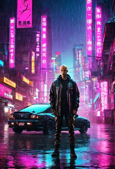 (work of art, best qualityer, high resolution, unit 32 thousand wallpaper, extremely detailed CG:1), (weak illustration on stage:1.0), ((1 handsome young man:1.55 by cyberpunk:1.5 )),(( Cyberpunk Night City:1.4)), neon signs futuristic cars,rain in a dark ...