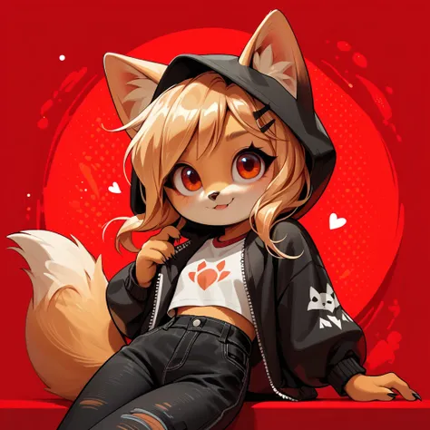 1girl, fox girl, cute fox, anthro, black hood, black pants, red background