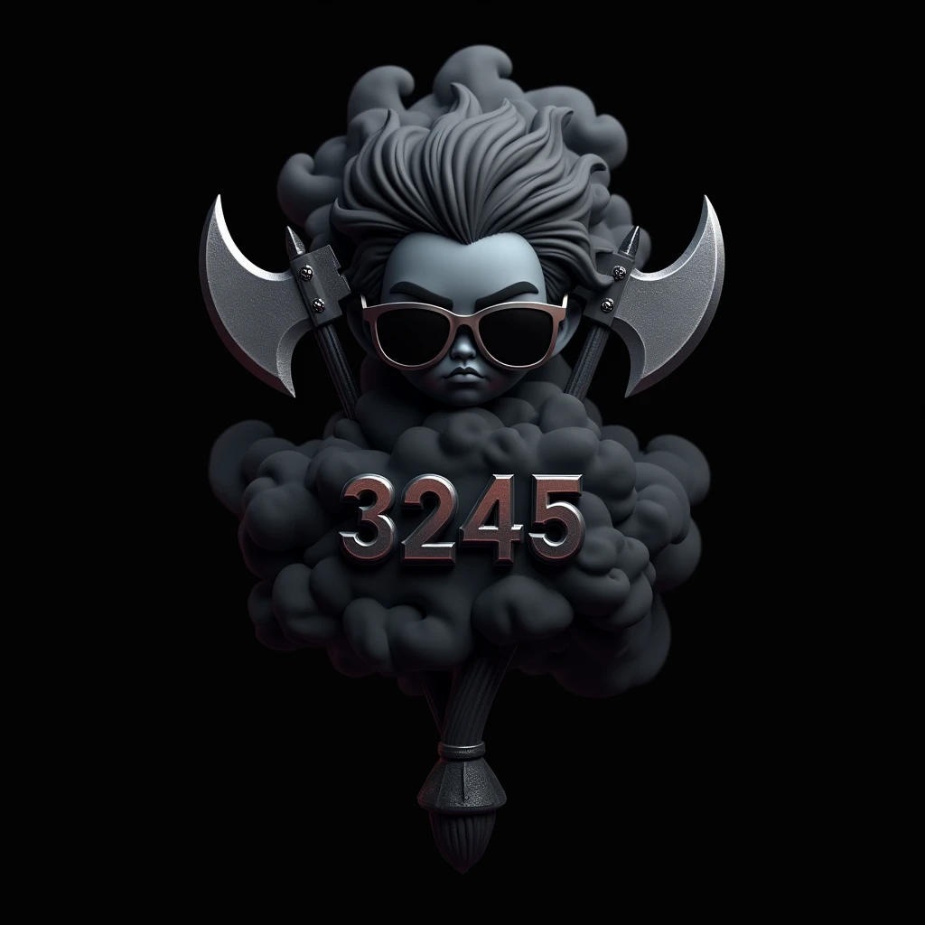 3d logo of a black-haired smoke baby wearing sunglasses with the words 3245 written on it, black background viking axe 