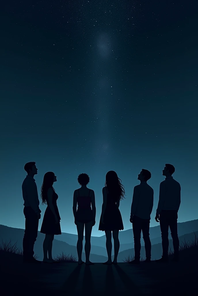 At night, 2 woman and 3 man are looking at the sky. Only their silhouettes are invisible.Make this realistic two women and three men They are dressed in black