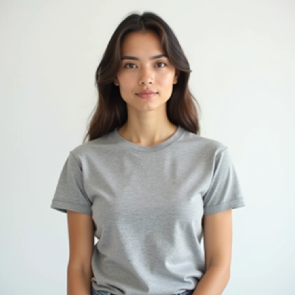 a woman   wearing gray round neck cotton tshirt #808080, unbranded and unprinted, photo for mockup, studio lights, white background, sharp focus, 4k, detailed, high resolution, 