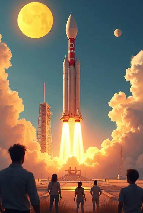 Rocket launched from Earth to the moon by a supermarket chain called EL DORADO whose characteristic colors are red and yellow and its logo is a yellow sun.
The project is led by 4 people on the mission
