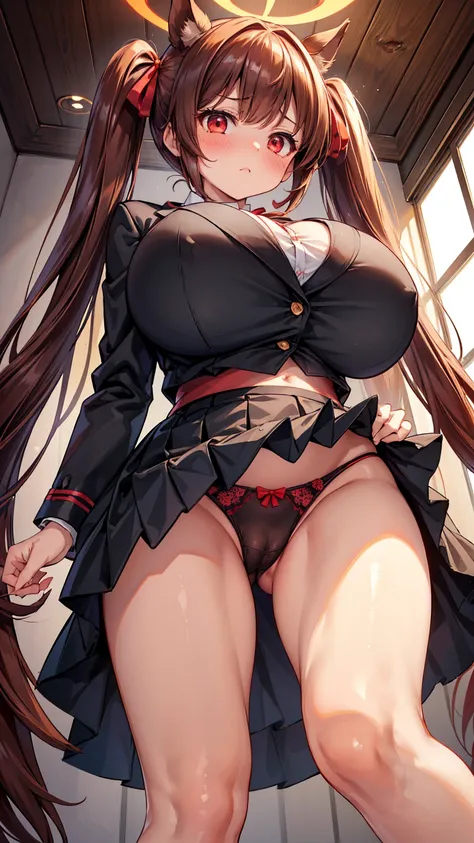 Composition looking up from directly below、(A girl with huge breasts:1.4)、(Horse ears、Red-brown hair、Very Long Twin Tails、Red Eyes、Black blazer、ribbon、shirt、mini skirt)、Embarrassed face、(Panties、cameltoe)、Stand with your feet apart、Love hotel ceiling