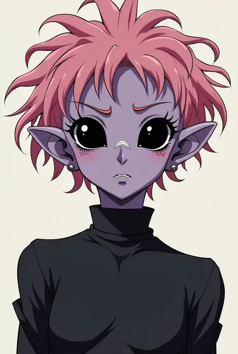 old anime style, portrait, male, creepy but hot, humanoid alien, pale purple skin, disheveled pink hair, fully black eyes, tongue and gums are also dark. rough-cut features on an oval face. little ears are pointed at the ends, dressed in a tight-fitting bl...