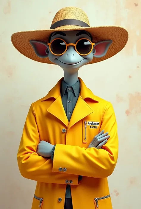 Cartoon, hairless, wearing a wide-brimmed straw hat, mirrored sunglasses, and a bright yellow lab coat, the lab coat features a sip and a pocket embroidered with the word "PROFESSOR ABELINO" standing against an off-white textured wall with the arms crossed...