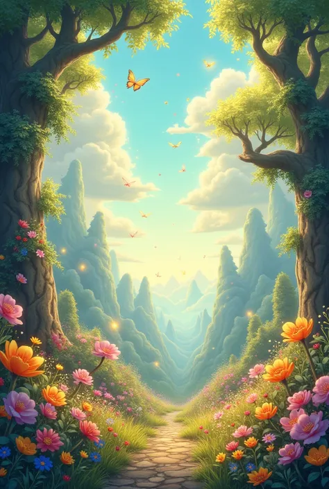 (cute,vibrant colors,fantasy,dreamlike scenery,soft lighting,magical atmosphere,whimsical details),(best quality,ultra-detailed,realistic:1.37),(illustration),(colorful flowers,butterflies,sparkling stars,golden sunlight,fluffy clouds,mystical creatures,en...