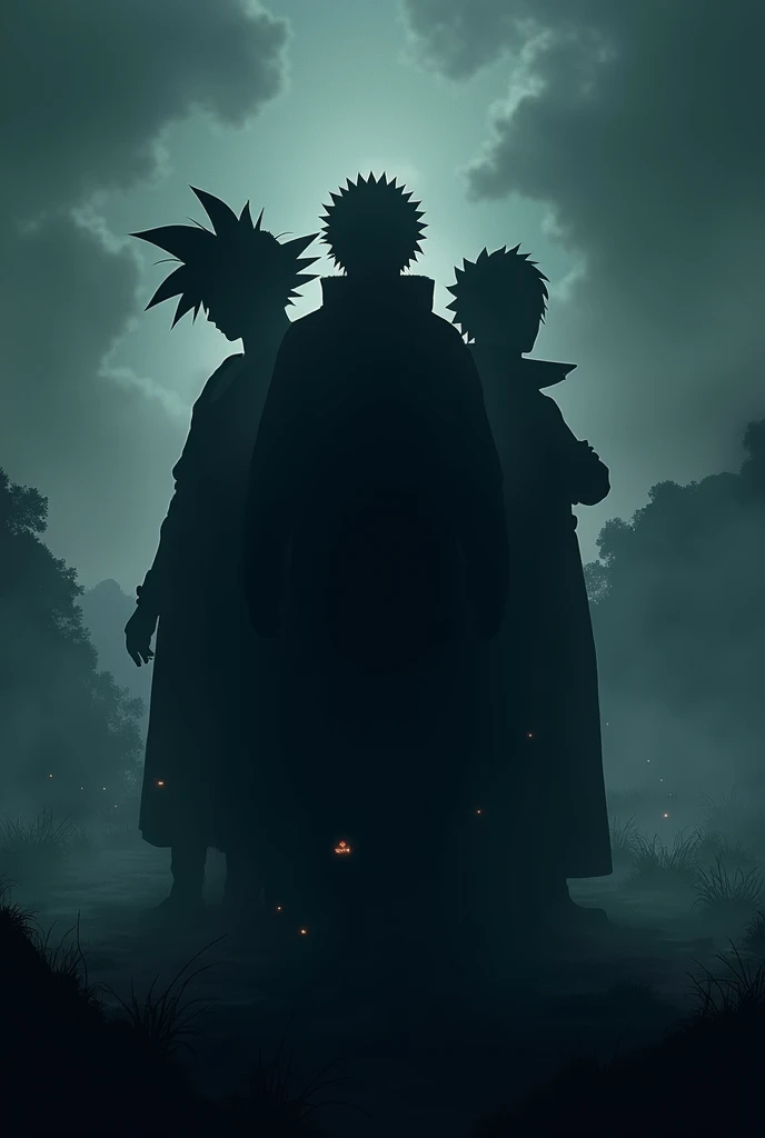 dark themed anime laptop wallpaper with character goku,naruto,luffy,ichigos shadow together in sequence without visibilities 
