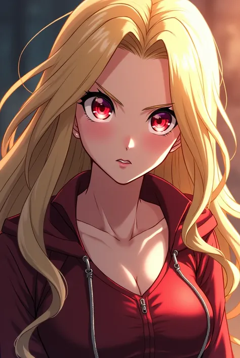 My Hero Academia, Female gender, long and blond hair , Red eyes, with focus on the face
