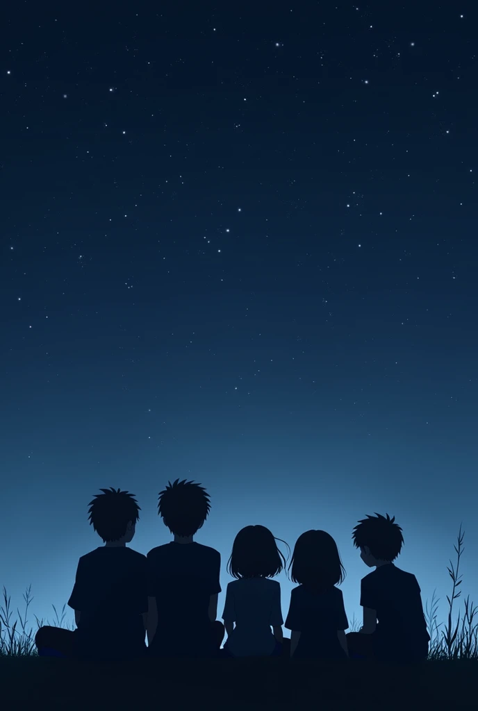 At night, 3 boys and 2 girls were sitting outside and watching the stars. They were dressed in black. 