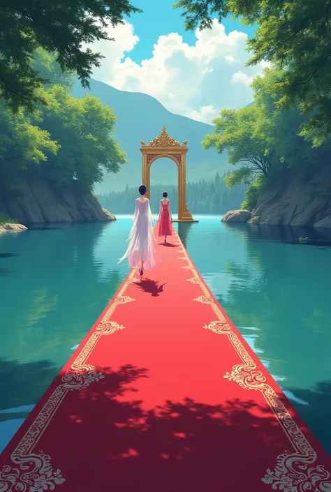 anime style red carpet pointing to a door in the lake 