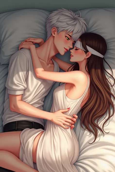 Brown hair,brown eyes girl with a blind fold and whit dress and a boy with white hair and green eyes on a bed having sex naked anime skin