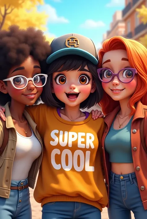 
three friends, The one in the middle should be a chubby tomboy with a cap, short manly hair and manly features and sunglasses., Make your sweater say super cool, The other one should be a white brunette with dark brown curly hair and with glasses to see w...