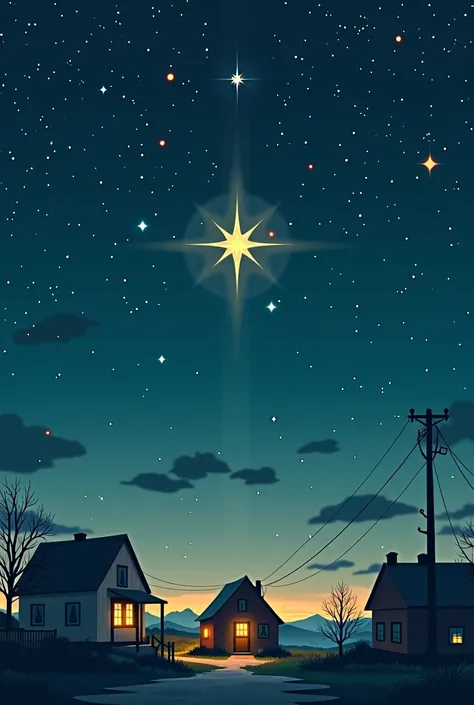  An illustration of a starry night over a small town, with a bright star in the sky, pointing towards a humble stable. (horizontal)
