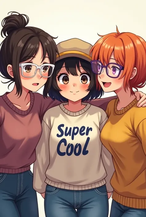 
Three friends, The one in the middle should be a chubby tomboy with a cap and short hair and his sweater says super cool, The other one should be a white brunette with dark brown curly hair and with glasses to see white frame and the last one should be a ...