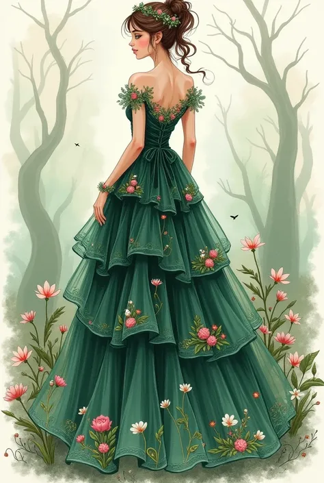 Color sketchbook of a fairycore inspired dark green tiered dress with flowers