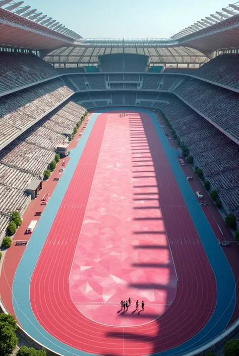 top image of the pink and white olympic track and field race venue