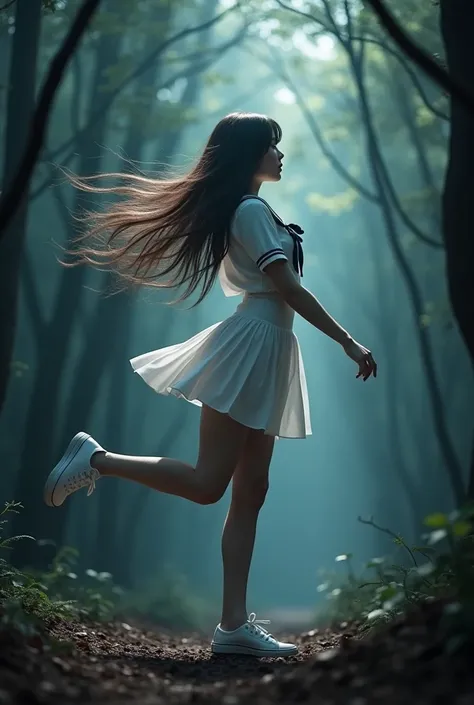 Long haired woman weared sailor uniform and knee lengs skart and white sneaker, acrovatic dancing,at very dark forest、こちらを見ている