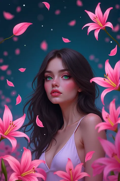 A background image of pink lilies falling from the night sky. Drawn in Bratz style. It must match the color of light green eyes 