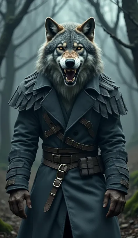 a strong dark gray wolf wearing a gray overcoat full of buckles, SCREAMING at the camera. with scars on the face. With teeth showing. image furthest from the camera, realistic 8k resolution. image with lots of details. dark forest wallpaper