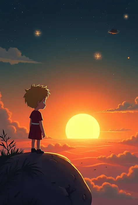 "the little Prince" watching the sunset on his asteroid 