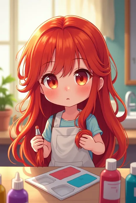 A girl with red hair is dyeing her chibi hair