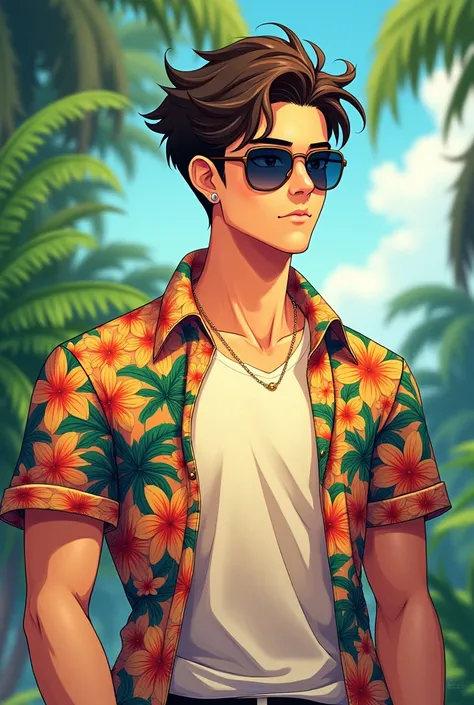 Anime man wearing a sunglass and a flower t-shirt