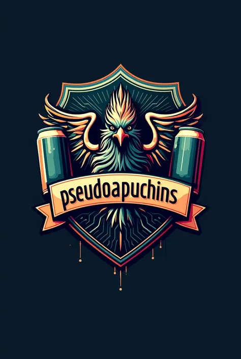 Make a shield-type logo that has a crested or crested bird , beer cans around there only 2,  and with electronic components in it and that has the word “Pseudocapuchins”

