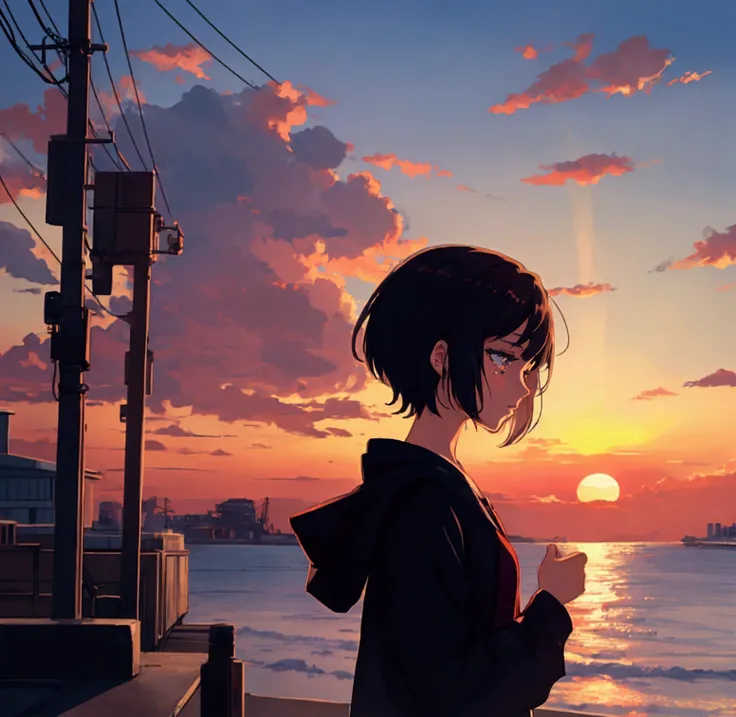 A girl with short hair and eyes with little tears seen in profile with a sunset with an anime style