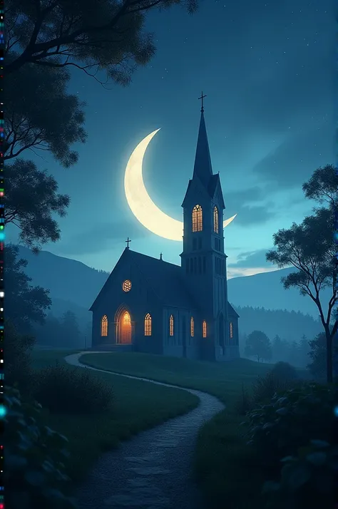 The moon rising over a church 