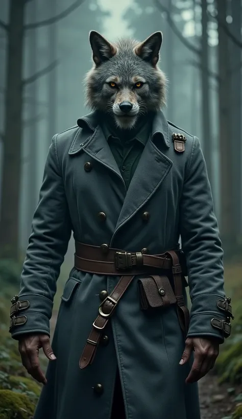 a dark wolf, strong man wearing a gray overcoat full of buckles, HOWLING AND CONFRONTING THE CAMERA. with scars on the face. image furthest from the camera, realistic 8k resolution. image with lots of details. dark forest wallpaper