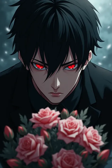 man. High accuracy, Black hair, , A look of contempt, stare at the flowers, red eyes, Dark Frame, black anime suit, 